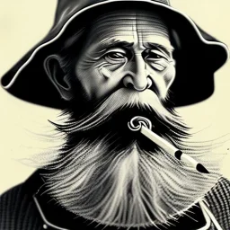 pencil Black and white Portrait of old fishermen sitting on a chair ,long beard, tobacco pipe,wearing a bucket hat, fantasy 8k by Van Gogh