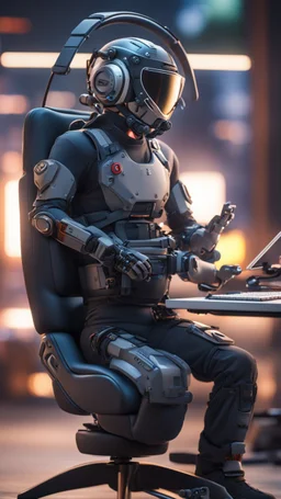 head set helmet rig with chair and with keyboard on stomach attached ,bokeh like f/0.8, tilt-shift lens 8k, high detail, smooth render, down-light, unreal engine, prize winning