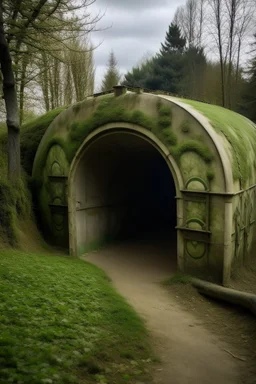 An olive green abandoned nuclear vault designed in Bayeux tapestry painted by Georges Seurat