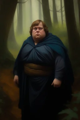 1970's dark fantasy cover dnd style oil painting of obese fat luke skywalker into the woods with minimalist far perspective