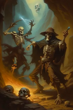 1970's dark fantasy cover dnd style oil painting of a hobo wizard fighting a specter skeleton with minimalist far perspective.