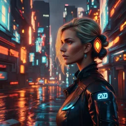 a pretty woman with blonde hair, cyberpunk city, futuristic, digital art, stylised