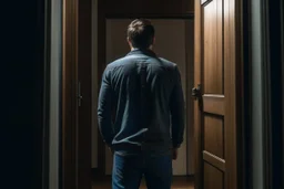 man in jeans and a shirt, back to the camera, standing in a row of doors, looking out through a doorway