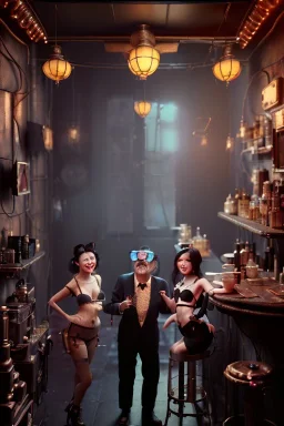 Waist up view cabaret scene, steampunk. old Asian man and little monkey, Sunglasses, smoking, happy, hot. Many people background, highly detailed, concept art, unreal engine 5, god rays, ray tracing, RTX, lumen lighting, ultra detail, volumetric lighting, 3d, finely drawn, high definition, high resolution.