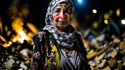 Palestinian old woman wears the keffiyeh , Carrying a small city ,at summer , Destroyed Buildings , with a Explosions, at night