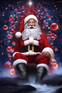 Christmas Themed -- Multicolored 3D Bubbles, multicolored, Floating 3D hearts with an electrical current, fog, clouds, somber, ghostly mountain peaks, a flowing river of volcanic Lava, fireflies, a close-up, portrait of Tim Allen as Santa Claus smiling a big bright happy smile, wearing a red leather jacket, red leather pants, black boots, red baseball cap with the words MERRY CHRISTMAS on it, Ray-Ban Wayfarer sunglasses, in the art style of Boris Vallejo