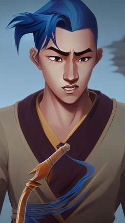 A young male water genasi with deep blue skin color, water shape dred hair on head. Shaolin monk with long stick weapon, kung fu master, martial art