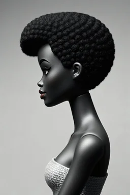 monochrome minimalist profile headshot of beautiful brown skinned Black barbie doll with short afro and bare shoulders