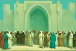 a group of people outside a gothic_arab glass gate in a turquoise wall by artist "Richard Dadd"