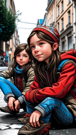 iki kız beraber sokakta oturuyorlar
