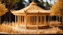 Miniature Pavilion made from hundreds of matchsticks, amazing detail, beautiful composition, award-winning photograph, astonishing realism, 28mm lens, adjust perspective