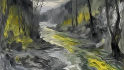 A gray jungle with a toxic river painted by Claude Monet