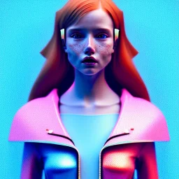 redhead woman teenager, freckles, padded coat, retro futuristic, latex dress, gradient color, BLUE, PINK, CYAN, neon, insanely detailed, 16k resolution, perfect eyes, cinematic smooth, intricate detail