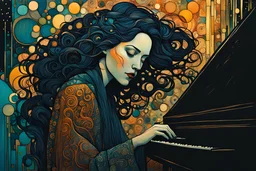 create an abstract expressionist, highly ethereal, darkly magical illustration of a deeply sorrowful, woman at her piano, with highly detailed and deeply cut facial features, in the style of GUSTAV KLIMT, PABLO PICASSO, EDWARD BURNE-JONES, WILLIAM MORRIS, and KATHE KOLLWITZ combined with the comic art style of BILL SIENKIEWICZ and JEAN GIRAUD MOEBIUS, searing lines and forceful strokes, precisely drawn, boldly inked, and darkly colored