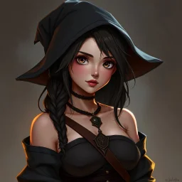 pretty girl, conventionally attractive, dark clothes, tight top, medieval, sorcerer, digital art