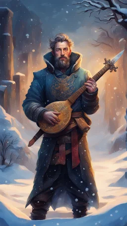 portrait of bard man with sword and lute in the snow garden holding a tower fortification, magazine cover illustration with oil paint and spray paint, signed, bokeh like, down-light, unreal engine, prize winning