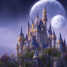 disney castle dark Magic on the moon, 8k, finely detailed, photo realistic