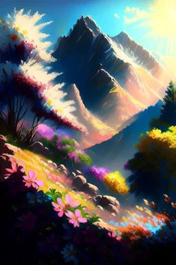 full light,highlight, trees, hill, day, sun day, an idyliic mountains with bright colorful flowers, mountains, sun,flower, paradise, realistic art, brush, pencil, detailed