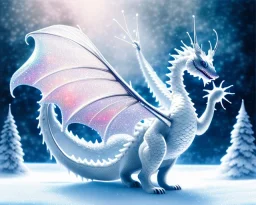 mdjrny-v4 style, a white dragon with fairy-like transparent glowing and sparkly wings standing in snow, full body, silver and teal background, glowing soft and smooth wings, realistic, highly detailed intricately detailed, shiny snowy background, soft studio lighting, trending on artstation, by artist "Julie Bell", by artist "Greg Rutkowski"