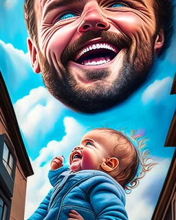 Papá feliz sonriente levantando a su bebé al cielo y mirándolo a los ojos felíz colores contrastantes obra de arte arte callejero impactante detallado hiperrealista 8k