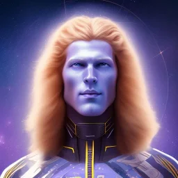 Full body ,Beautiful cosmic man, blue eyes, long blond hair, cosmic suit, galactic backdrop, soft lighting, hyper realistic, unreal engine 5, 16k