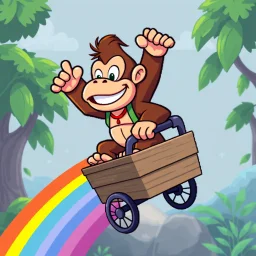 vector Cartoon Donkey Kong riding a rainbow in a cart in pixel