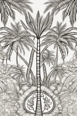 Mandala of palm trees with seashells, outlined in black and white with clear, substantial lines for an adult coloring book, contour, vector, clean line art, against a white background