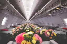 A symmetrical view of an airplane compartment filled with boxes of flowers