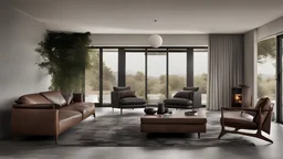 Living room, contemporary Style, polifrom, leather sofa, coffee table, side table, rug on grey tile floor