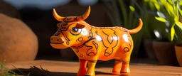 A light rosy orange colored lightning elemental cow designed in African pottery painted by Xul Solar