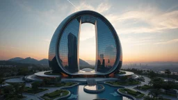 A futuristic skyscraper designed with sweeping hyperbolic curves, where the entire façade is made of reflective glass. The building rises gracefully toward the sky, with its symmetrical hyperbolic arc creating a sense of balance and elegance. Surrounding the structure are lush gardens and flowing water features that mirror the curves of the building. There are mountains in the distance. Beautiful lighting at sunrise. Award-winning photograph.