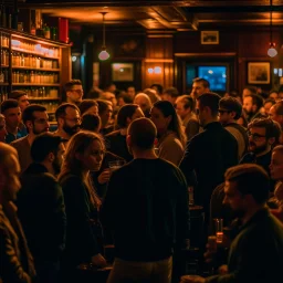 a crowded bar at night, lots of people, focus on a lonely person against the wall