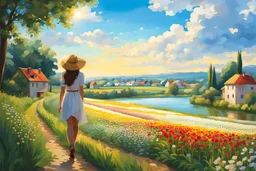 Young woman in flower field in country side ,river, houses,blue sky ,nice clouds,god rays