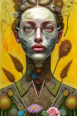 an abstract painting of flowers, by lucian freud and klimpt, rust, scaffolding, iron cladding, decay, mixed media, textured, anatomically correct, beautiful woman perfect face, green eyes, glasses, sharp focus, highly detailed. desolate background. the royal tenenbaums