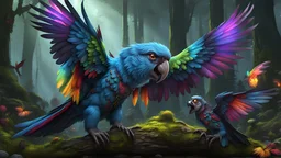 awesome (zombie parrot:1.5) eating a (pretty canine:1.5) with fur and bits flying in the air, wacky zany facial expression, intricate detail, sharp, colorful, iridescent, deep color, grey and black fairy forest, 8k resolution, trending on Artstation, glowing runes, zombiecore, H.R. Giger, dynamic lighting