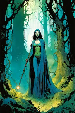 create a wildly conceptual illustration of sorceress gathering in an ethereal, otherworldly , darkened, ancient forest draped in hanging moss and climbing vines, in the comic book art style of Bill Sienkiewicz, Mike Mignola, Sparth, and Jean Giraud Moebius, finely drawn, colored and inked, suffused with dramatic natural light and shadow under a midnight blue moon