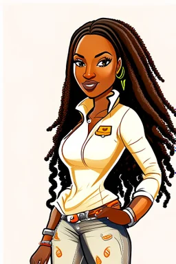 Create a digital airbrush cartoon of a curvy African American female wearing tight white jeans and a off the shoulder orange blouse. She is also wearing timberland boots. Prominent make up with hazel eyes. Highly detailed very long extremely dread locs black hair. Her skin is smooth and silky. Background of a track of ATV riders.