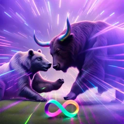 brightly coloured 3D infinity symbol ∞, bull on right beating a bear on left in a fight, DSLR with a 80mm lens, set to f/16 and a slow shutter speed of 1/15s, striking, neon, vibrant, chiaroscuro, dramatic, captivating, high-tech, powerful, fantasy, beautiful, octane render, 16k post-production, artstation: award-winning: atmospheric: commanding: fantastical: clarity: ultra quality: striking: brilliance: stunning colors: amazing depth; lens: f/11, 35mm