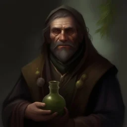 dnd style dark fantasy medieval herbalist. mugshot. oil painting.