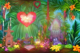  Tropical flowers, heart drawing, crystals, tropical leaves, sacred altar, Fantasy temple, Surreal landscape.