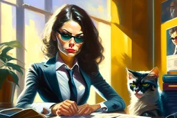 kitten brunette woman secret agent joker in an office in sunshine, very detailed, oil painting