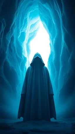 A giant hooded ghost looking at you ,standing in front of a mysterious, portal or opening in the ice, symbolizing the hidden secrets of Antarctica waiting to be uncovered. The light blue dark surroundings, creating a sense of anticipation and intrigue.