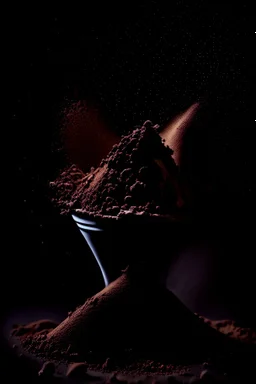 protein powder, scoop, piles, powder, brown, view from the front, dark studio setting, black background