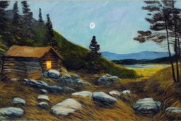 Night, moon, cabin, rocks, pathway, trees, grass, mountains, distant mountains, philip wilson steer impressionism painting