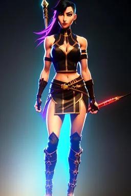 j.scott campbell, serena from mortal kombat, full head to toe portrait, lathe build, wearing black and red mini skirt, thigh high boots and crop top, big green eyes, eyes are both in proportion, 3/4 look, long black hair with small red streak, small up turned nose, large breasts, small waist, round butt, standing, dark cobblestone alley, one halo white light behind head, non photorealistic rendering