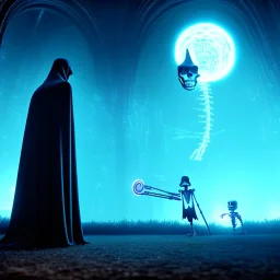 The Grim Reaper and the Skeleton in Tron world, discussing the future of the universe, art by Magritte and Pixar