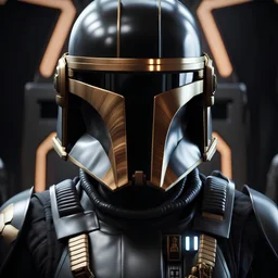 star wars bald male corellian pilot wearing dark gunmetal grey and black First Order special forces TIE pilot armored flightsuit and helmet with gold trim inside the jedi temple, centered head and shoulders portrait, hyperdetailed, dynamic lighting, hyperdetailed background, 8k resolution, volumetric lighting, light skin, fully symmetric details