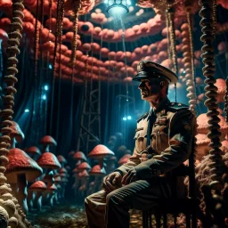 gritty portrait of macho gestapo army officer on a ladder inside glowing mushroom grove with huge fluffy space lama, 4 k, down-light, soft light, depth of field, photo realism, trending on art station, high detail, spray paint