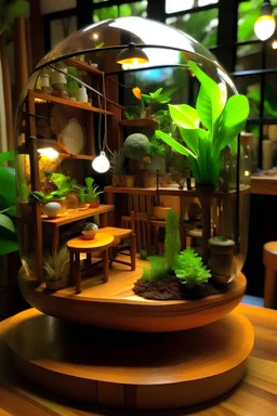 A minimap diorama of a cafe adorned with indoor plants. Wooden beams crisscross above, and a cold brew station stands out with tiny bottles and glasses. the diorama is inside a glas sphere standing on a desk