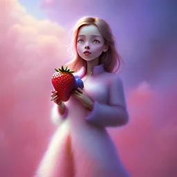 pixar style,realistic painting of a beautiful girl and a jar jam marmelade,volumetric blue clouds,pink sky environment and flying strawberries in background, volumetric lighting,dramatic lighting, detailed digital painting, extreme dense and fine fur, anime, ornate, colour-washed colors, elegant, small minutiae, tiny features, particulars, centered, smooth, sharp focus, renderman gofur render, 8k, uhd, detailed eyes, realistic shaded volumetric lighting,caustics,backligh